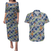 Navy Blue Palaka Hula Girls Seamless Hawaii Aloha Couples Matching Puletasi and Hawaiian Shirt - Polynesian Pride