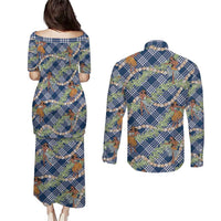 Navy Blue Palaka Hula Girls Seamless Hawaii Aloha Couples Matching Puletasi and Long Sleeve Button Shirt LT7 - Polynesian Pride