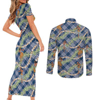 Navy Blue Palaka Hula Girls Seamless Hawaii Aloha Couples Matching Short Sleeve Bodycon Dress and Long Sleeve Button Shirt - Polynesian Pride