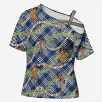 Navy Blue Palaka Hula Girls Seamless Hawaii Aloha Cross Shoulder Shirt - Polynesian Pride