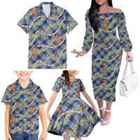 Navy Blue Palaka Hula Girls Seamless Hawaii Aloha Family Matching Off The Shoulder Long Sleeve Dress and Hawaiian Shirt - Polynesian Pride