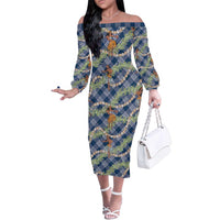 Navy Blue Palaka Hula Girls Seamless Hawaii Aloha Family Matching Off The Shoulder Long Sleeve Dress and Hawaiian Shirt - Polynesian Pride