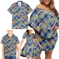 Navy Blue Palaka Hula Girls Seamless Hawaii Aloha Family Matching Off Shoulder Short Dress and Hawaiian Shirt - Polynesian Pride