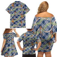 Navy Blue Palaka Hula Girls Seamless Hawaii Aloha Family Matching Off Shoulder Short Dress and Hawaiian Shirt - Polynesian Pride