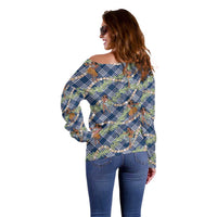 Navy Blue Palaka Hula Girls Seamless Hawaii Aloha Off Shoulder Sweater LT7 - Polynesian Pride