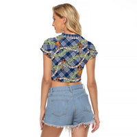 Navy Blue Palaka Hula Girls Seamless Hawaii Aloha Raglan Cropped T Shirt - Polynesian Pride