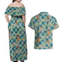 Teal Palaka Hula Girls Seamless Hawaii Aloha Couples Matching Off Shoulder Maxi Dress and Hawaiian Shirt - Polynesian Pride