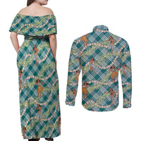 Teal Palaka Hula Girls Seamless Hawaii Aloha Couples Matching Off Shoulder Maxi Dress and Long Sleeve Button Shirt - Polynesian Pride