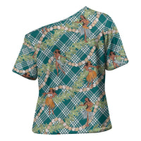 Teal Palaka Hula Girls Seamless Hawaii Aloha Cross Shoulder Shirt - Polynesian Pride