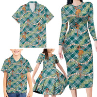 Teal Palaka Hula Girls Seamless Hawaii Aloha Family Matching Long Sleeve Bodycon Dress and Hawaiian Shirt - Polynesian Pride