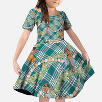 Teal Palaka Hula Girls Seamless Hawaii Aloha Family Matching Off The Shoulder Long Sleeve Dress and Hawaiian Shirt - Polynesian Pride
