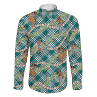 Teal Palaka Hula Girls Seamless Hawaii Aloha Family Matching Off The Shoulder Long Sleeve Dress and Hawaiian Shirt - Polynesian Pride
