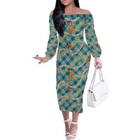 Teal Palaka Hula Girls Seamless Hawaii Aloha Family Matching Off The Shoulder Long Sleeve Dress and Hawaiian Shirt - Polynesian Pride