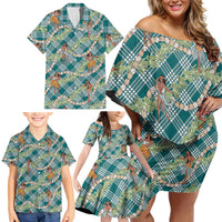 Teal Palaka Hula Girls Seamless Hawaii Aloha Family Matching Off Shoulder Short Dress and Hawaiian Shirt - Polynesian Pride