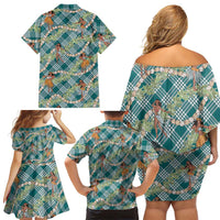 Teal Palaka Hula Girls Seamless Hawaii Aloha Family Matching Off Shoulder Short Dress and Hawaiian Shirt - Polynesian Pride