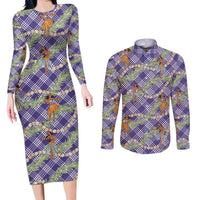 Lavender Palaka Hula Girls Seamless Hawaii Aloha Couples Matching Long Sleeve Bodycon Dress and Long Sleeve Button Shirt - Polynesian Pride
