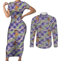 Lavender Palaka Hula Girls Seamless Hawaii Aloha Couples Matching Short Sleeve Bodycon Dress and Long Sleeve Button Shirt - Polynesian Pride
