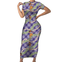 Lavender Palaka Hula Girls Seamless Hawaii Aloha Short Sleeve Bodycon Dress LT7 Long Dress Lavender - Polynesian Pride