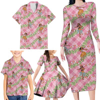 Lokelani Pink Palaka Hula Girls Seamless Hawaii Aloha Family Matching Long Sleeve Bodycon Dress and Hawaiian Shirt - Polynesian Pride