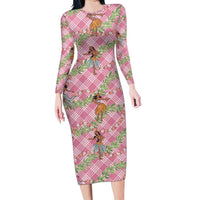 Lokelani Pink Palaka Hula Girls Seamless Hawaii Aloha Family Matching Long Sleeve Bodycon Dress and Hawaiian Shirt - Polynesian Pride