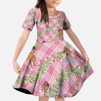 Lokelani Pink Palaka Hula Girls Seamless Hawaii Aloha Family Matching Off Shoulder Maxi Dress and Hawaiian Shirt - Polynesian Pride