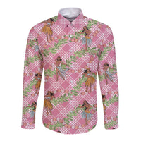 Lokelani Pink Palaka Hula Girls Seamless Hawaii Aloha Long Sleeve Button Shirt LT7 Unisex Pink - Polynesian Pride