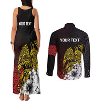 Personalized Papua New Guinea 50th Independence Anniversary Couples Matching Tank Maxi Dress and Long Sleeve Button Shirt Oro Tapa Mix Plumeria