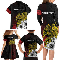 Personalized Papua New Guinea 50th Independence Anniversary Family Matching Long Sleeve Bodycon Dress and Hawaiian Shirt Oro Tapa Mix Plumeria