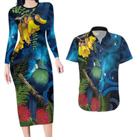 Tui Bird New Zealand Starry Sky Couples Matching Long Sleeve Bodycon Dress and Hawaiian Shirt Maori Koru