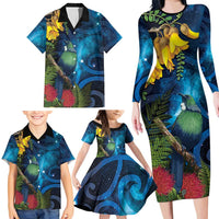Tui Bird New Zealand Starry Sky Family Matching Long Sleeve Bodycon Dress and Hawaiian Shirt Maori Koru