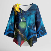 Tui Bird New Zealand Starry Sky Kimono Sleeve Blouse Maori Koru