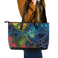 Tui Bird New Zealand Starry Sky Leather Tote Bag Maori Koru
