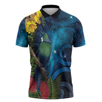 Tui Bird New Zealand Starry Sky Zipper Polo Shirt Maori Koru LT7 Galaxy - Polynesian Pride