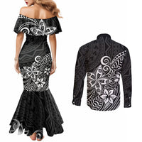 Polynesia Couples Matching Mermaid Dress and Long Sleeve Button Shirts Plumeria Black Curves LT7 - Polynesian Pride