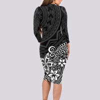 Polynesia Long Sleeve Bodycon Dress Plumeria Black Curves LT7 - Polynesian Pride