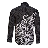 Polynesia Long Sleeve Button Shirt Plumeria Black Curves LT7 - Polynesian Pride