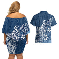 Polynesia Couples Matching Off Shoulder Short Dress and Hawaiian Shirt Plumeria Blue Curves LT7 - Polynesian Pride