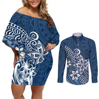Polynesia Couples Matching Off Shoulder Short Dress and Long Sleeve Button Shirts Plumeria Blue Curves LT7 Blue - Polynesian Pride