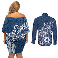 Polynesia Couples Matching Off Shoulder Short Dress and Long Sleeve Button Shirts Plumeria Blue Curves LT7 - Polynesian Pride