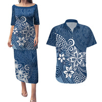 Polynesia Couples Matching Puletasi Dress and Hawaiian Shirt Plumeria Blue Curves LT7 Blue - Polynesian Pride