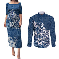 Polynesia Couples Matching Puletasi Dress and Long Sleeve Button Shirts Plumeria Blue Curves LT7 Blue - Polynesian Pride