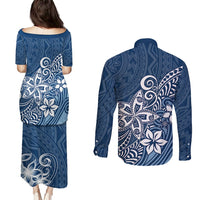 Polynesia Couples Matching Puletasi Dress and Long Sleeve Button Shirts Plumeria Blue Curves LT7 - Polynesian Pride