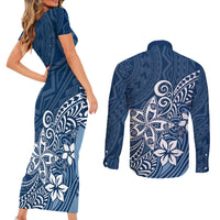 Polynesia Couples Matching Short Sleeve Bodycon Dress and Long Sleeve Button Shirts Plumeria Blue Curves LT7 - Polynesian Pride