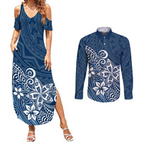 Polynesia Couples Matching Summer Maxi Dress and Long Sleeve Button Shirts Plumeria Blue Curves LT7 Blue - Polynesian Pride