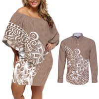 Polynesia Couples Matching Off Shoulder Short Dress and Long Sleeve Button Shirts Plumeria Beige Curves LT7 Beige - Polynesian Pride