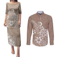 Polynesia Couples Matching Puletasi Dress and Long Sleeve Button Shirts Plumeria Beige Curves LT7 Beige - Polynesian Pride