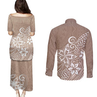 Polynesia Couples Matching Puletasi Dress and Long Sleeve Button Shirts Plumeria Beige Curves LT7 - Polynesian Pride