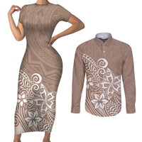Polynesia Couples Matching Short Sleeve Bodycon Dress and Long Sleeve Button Shirts Plumeria Beige Curves LT7 Beige - Polynesian Pride