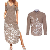 Polynesia Couples Matching Summer Maxi Dress and Long Sleeve Button Shirts Plumeria Beige Curves LT7 Beige - Polynesian Pride
