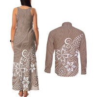 Polynesia Couples Matching Tank Maxi Dress and Long Sleeve Button Shirts Plumeria Beige Curves LT7 - Polynesian Pride